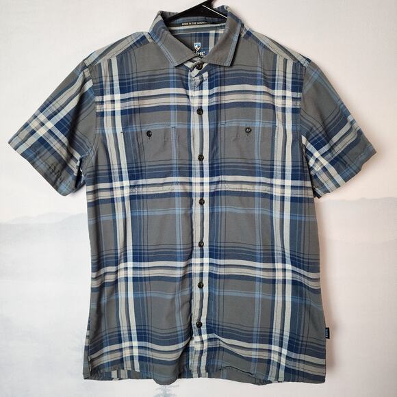 Kuhl Blue and Gray Plaid Short Sleeve Button Up Collared Shirt | Men's Small - Picture 1 of 13